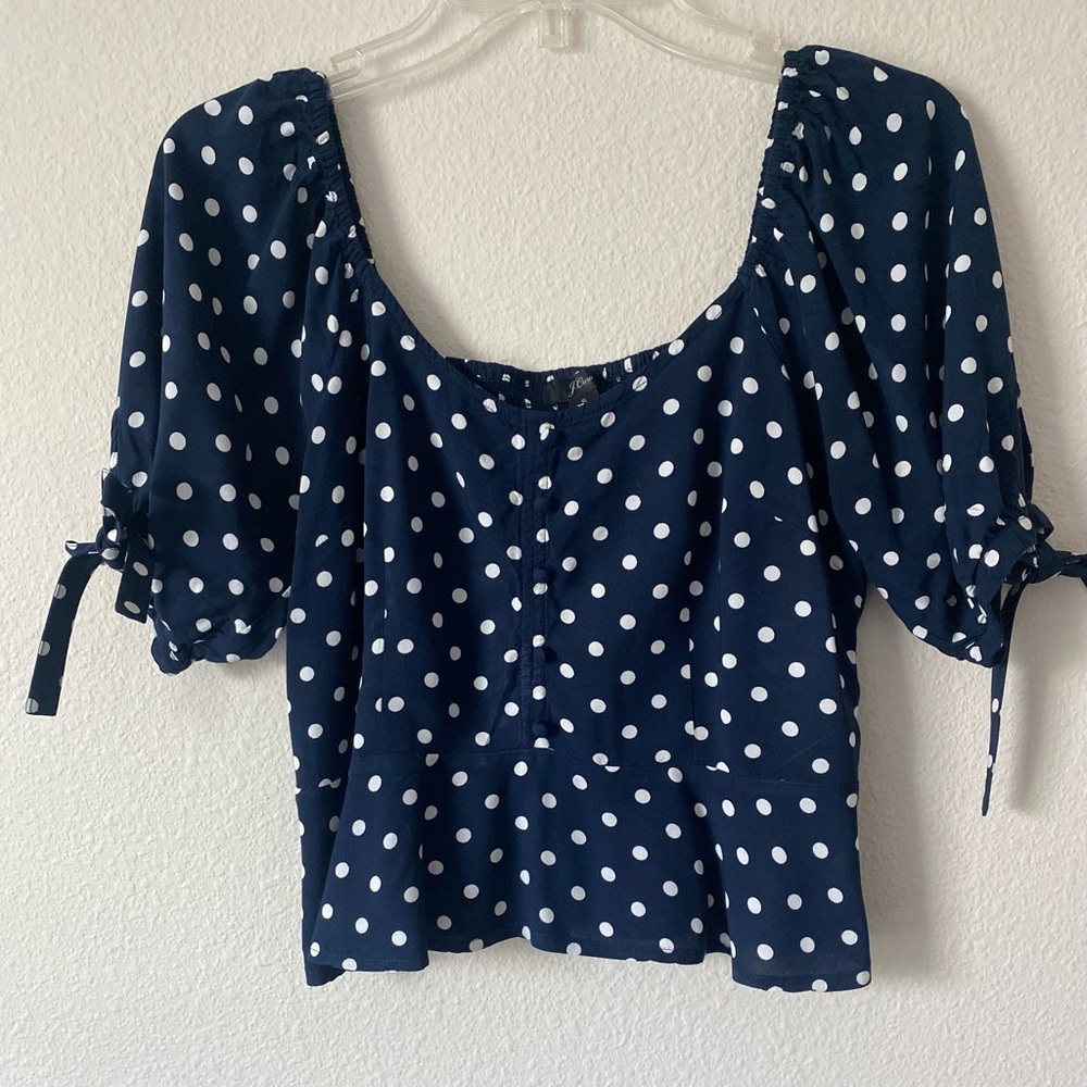 J.Crew Women’s Cropped ShortSleeve Navy&White PolkaDot Cropped Peasant Top Small